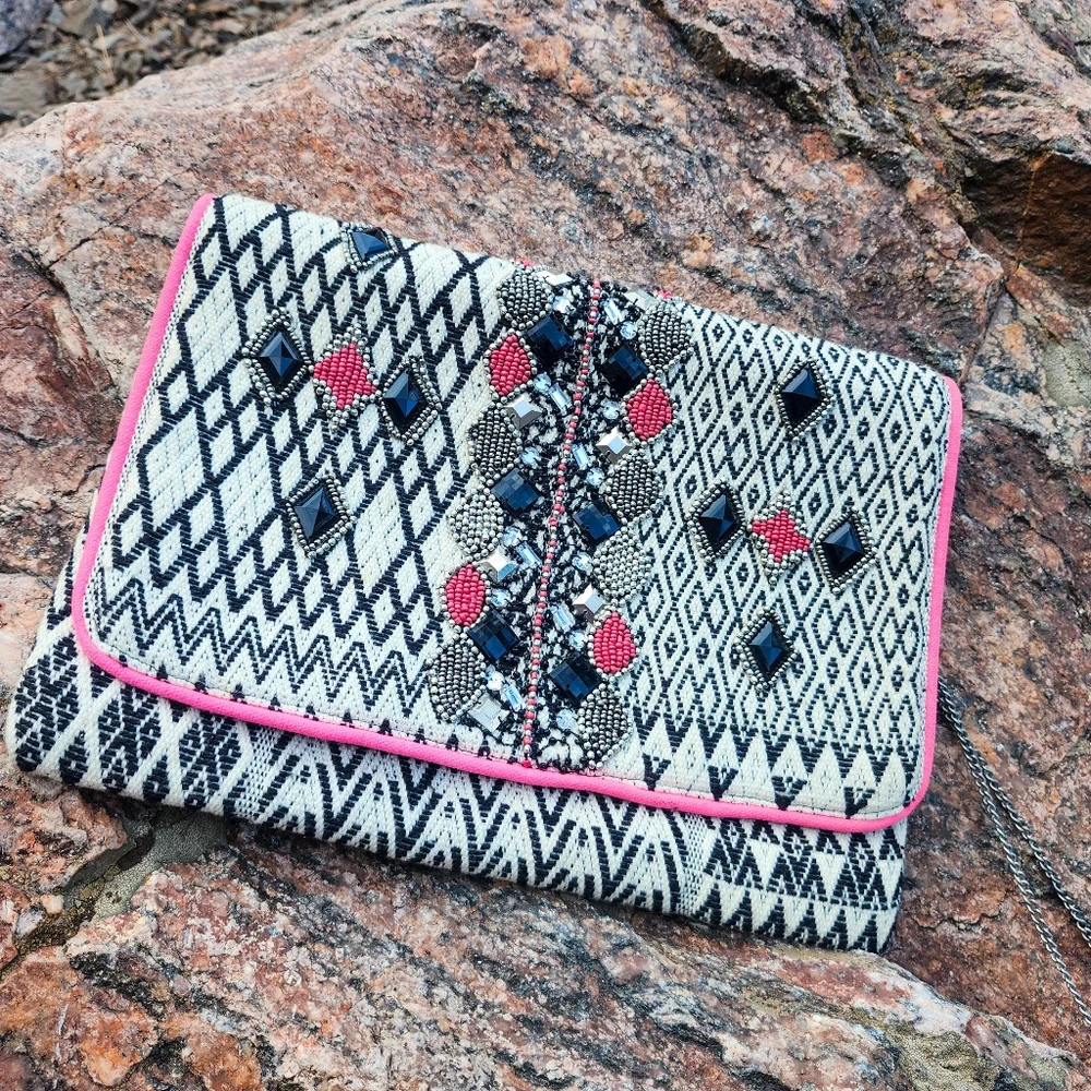 Angie Beaded Clutch Crossbody Tribal Aztec Pattern Pink Trim Chain Strap Boho
